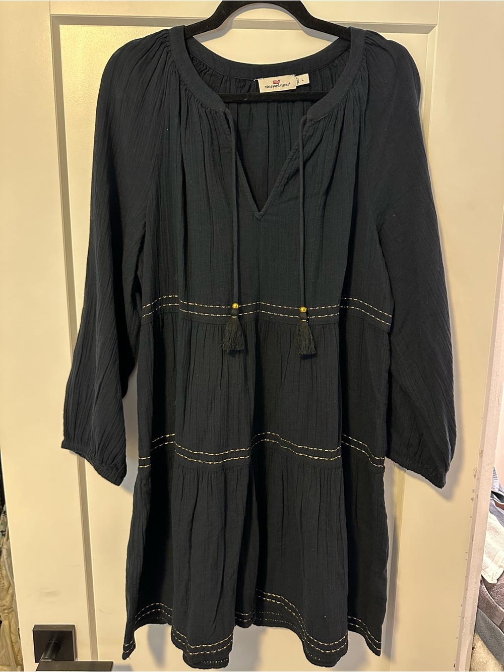 Vineyard Vines Black Long-Sleeve Tassel Peasant Dress